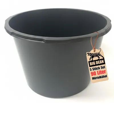 Image de 5 seaux de mortier BigDean, 90 litres, noirs, en plastique, fabriqués en Pologne, résistants aux UV, empilables, bacs de maçonnerie pour chantier