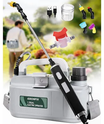 Produktbild von GOCHIFIX Elektrischer Gartensprüher 5L Akku Drucksprüher USB Wiederaufladbar mit 4 Düsen Teleskoplanze Schultergurt Grau für Garten Pflanzen Rasen
