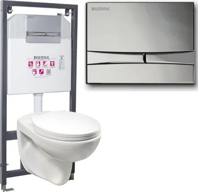 Obrázok produktu pre Kerra K-50 SLIM podomietková splachovacia nádržka s prednou stenou bez splachovacieho okraja, lesklá biela závesná WC misa Doris s mäkkým zatváraním a splachovacím tlačidlom Adriatic chróm