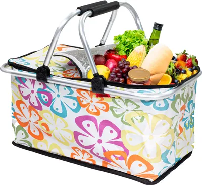 Produktbild von Thermo Picknickkorb Faltbar – Großer Isolierkorb als Einkaufskorb & Kühltasche 30L schwarz blumen
