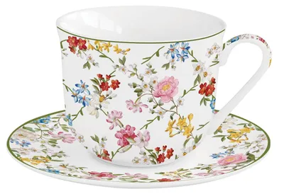 Produktbild von Tasse mit Untertasse GARDEN DREAMS weiß mit bunten Blumen für 370ml Easy Life