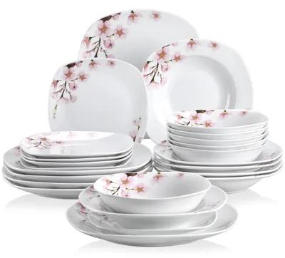 Image de Service de table en porcelaine - Modèle VC-001 - 24 pièces - Pour 12 personnes - Assiettes plates, assiettes à soupe et assiettes à dessert - Bols - Céramique