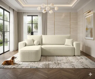 Image de Canapé d’angle TEXAS gauche beige clair bouclé Quelle 2 - fonction couchage, coffre de rangement pour la literie