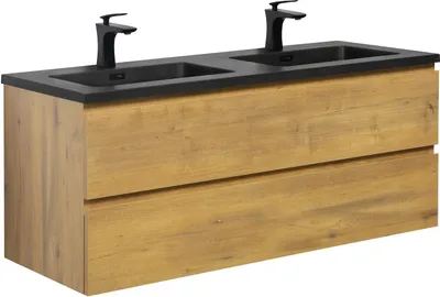 Immagine prodotto di Set di mobili da bagno con lavabo e mobile sottolavabo Angela 120 x 48 cm rovere - Mobile sottolavabo con chiusura ammortizzata e doppio lavabo nero