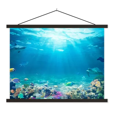 Produktbild von MuchoWow® Textilposter Unterwasserwelt - Meerestiere - Wasser - Korallen - Blau 150x113 cm mit holzfarbenen Rahmen - Poster