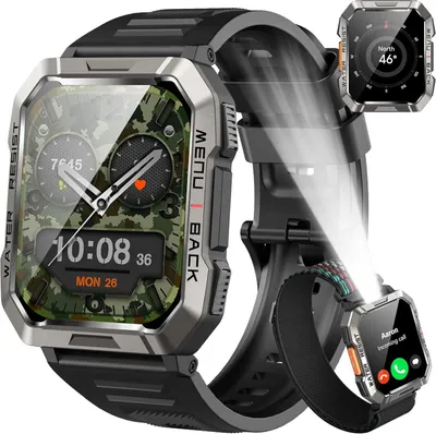 Produktbild von Herren Militär, 100 Tage Akkulaufzeit/LED Taschenlampe/Kompass/2 Armbänders/IP68 Wasserdicht, 100+Sportmodi Sportuhr, Anrufe tätigen/Empfangen