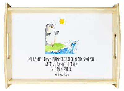 Produktbild von Mr. & Mrs. Panda Tablett Pinguin Surfer - Weiß - Geschenk, Pinguine, serviertablett aus holz, Portugal, Urlaub, Motiviert, Bett-Tablett, Optimistisch, Hawaii, betttablett