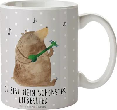 Produktbild von Mr. & Mrs. Panda Becher Bär Lied - Grau Pastell - Geschenk, Frau, Kaffeebecher, Valentinstag, Pott, Teetasse, Spruch, Kaffeetasse, Song, Trinkbecher, Bedruckte Tasse