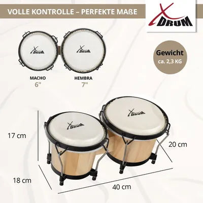 Produktbild von XDrum PERC Bongos Club Weinrot - 2 Trommeln mit 6" und 7" - Bongotrommeln mit stimmbaren Naturfellen und Stimmschlüssel - Holztrommeln Natur