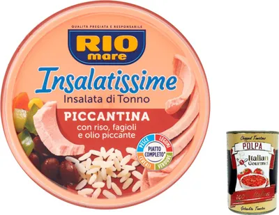 Produktbild von 12x Rio mare Insalatissime Insalata di Tonno Piccantina, mit Reis, Bohnen und würzigem Öl 220 g + Italian Gourmet polpa 400g
