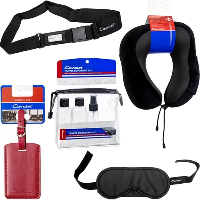 Produktbild von Reiseset mit Nackenkissen, Flaschen, Anhänger, Gurt, Maske