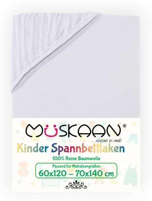 Produktbild von Müskaan Jersey Kinder Spannbettlaken 60x120 - 70x140 cm weiß bis 12cm Matratzenhöhe Gummizug Bettlaken 100% Baumwolle