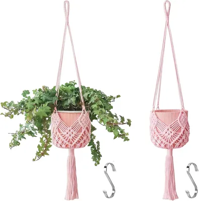 Produktbild von 2-teiliges Set aus hängenden Pflanzgefäßen mit Mustern, Makramee-Pflanzenhänger für Innen- und Außenbereich, geeignet für Töpfe bis zu 20 cm Durchmesser, in Hellrosa