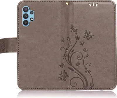Produktbild von Handy Tasche für Samsung Galaxy A32 5G  Schutz Hülle Handyhülle mit Blumenmuster Klapp Hülle mit Standfunktion und Kartenfächer Grau