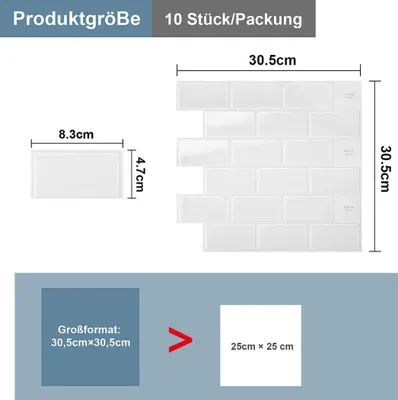 Produktbild von Faziango Fliesenaufkleber 30,5x30,5cm Fliesen-Folie 10 Stück Deko selbstklebende Klebefliesen Weiß für Küche Bad Wohnzimmer Zimmer