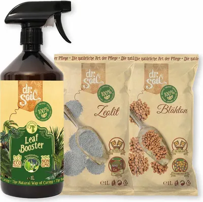 Produktbild von Dr.Soil Pflanzenpflegepaket für die Pflege von Topfpflanzen mit Blähton zur Drainage, Zeolith zur Reinigung der Topferde und Biostimulator-Spray zur Blattregeneration
