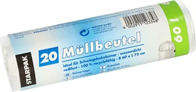 Produktbild von Papstar 12334, 60 l, Weiß, Hart-Polyethylen (HDPE), 720 mm, 600 mm, 20 Stück(e)