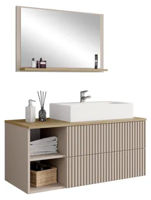 Produktbild von Badmöbel Set Kormen Rillen I mit Waschbecken und Siphon, 2 offenen Fächern, 2 Schubladen, Oberplatte in Marmor-Optik, Badezimmer Komplett (Wüstensand + Eiche Cremona)