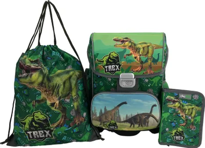 Produktbild von DINO DINOSAURIER SCHULRANZEN SET 1 KLASSE | SET 3 TEILIG FÜR GRUNDSCHULE | LEICHT | ERGONOMISCH und ANATOMISCH | FEDERMÄPPCHEN SPORTBEUTEL