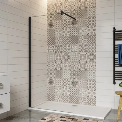 A modern bathroom with a walk-in shower.