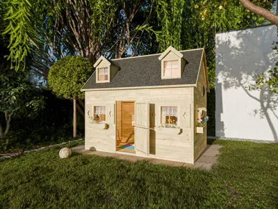 Produktbild von Prestige Garden Braun 240 x 170 x 155 cm Spielhaus Barcelona, Kesseldruckimprägniertes Kiefernholz, Mit Schlafboden Und Treppe, Zweigeteilte Tür, Sechs Fenster, Inklusive Fußboden, Dekorativer Schornstein