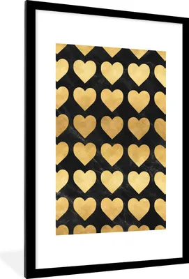 Produktbild von MuchoWow® Gerahmtes Poster Muster - Herz - Gold - Schwarz 60x90 cm - Poster mit Schwarzem Bilderrahmen Wandposter Rahmen Foto Bilder - Dekoration - Wandposter Wohnzimmer - Hochwertig