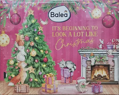 A Christmas-themed advent calendar with illustrations of animals, a Christmas tree, and a fireplace.