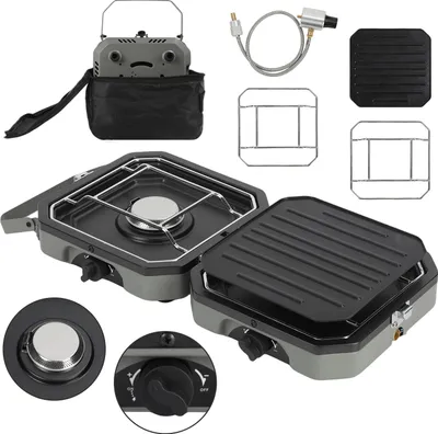 Obrázok produktu pre Jayseuw Set Duo skladací plynový varič 2 Plameň 4,6kw Camping Cooker Camping Kitchen 2 Multi Cook plynový varič Plynový gril + plynová hadica