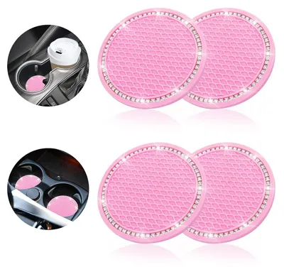 Imagen del producto de TRANKIELO® - Posavasos de silicona antideslizantes para coche - Juego de 4 unidades con incrustaciones de cristales tipo strass - color rosa