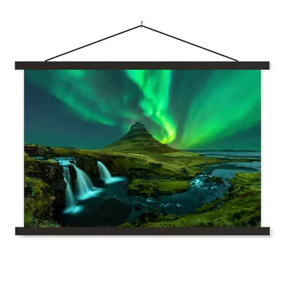 Produktbild von MuchoWow® Textilposter Nordlichter - Wasserfall - Berg - Island 150x100 cm mit schwarzem Rahmen - Schlafzimmer