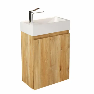 A modern bathroom vanity with a white sink and a natural oak cabinet.