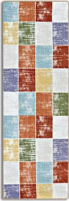 A close-up view of a colorful, checkered rug runner.