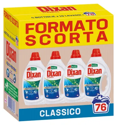 Produktbild von Dixan Klassisches Waschmittel für Waschmaschine, Vorratspackung (4 x 19 Waschladungen), Flüssigwaschmittel für die Waschmaschine zur Reinigung der Wäsche und hygienische Frische für die Waschmaschine