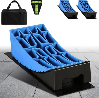 Produktbild von ISOISL Auffahrkeile Wohnmobil 2 Stück,13,5 t Nivellierkeile mit Blockprofil,10 cm Höhenausgleich,Anti-Rutsch-Matten,Wasserwaage und Tragetasche für Wohnwagen Caravan