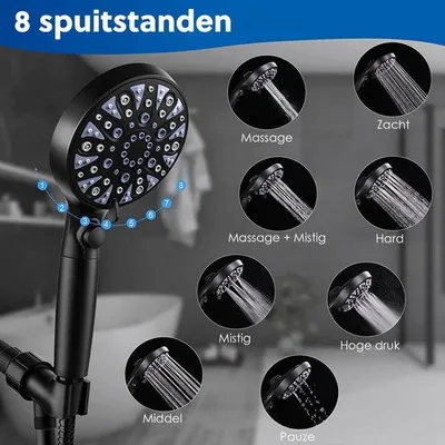 Produktbild von Handbrause mit Schlauch, 8 Strahlarten, Filter, Schwarz, ABS