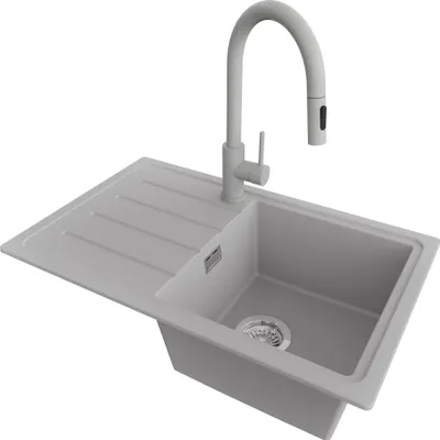 Produktbild von PRIMAGRAN Granitspüle Grau 70x44cm, Spülbecken 1 Becken + Küchenarmatur 40x20cm + Ablauf-Set, Küchenspüle ab 45er Unterschrank - Kopenhagen Easy