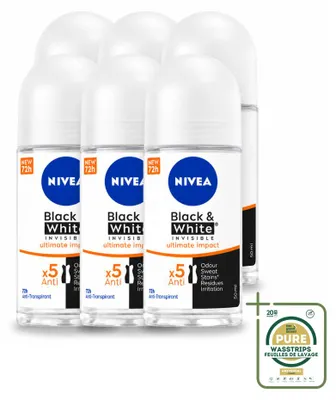 Imagen del producto de 6 unidades de desodorante en roll-on NIVEA Black & White Ultimate Impact, 50 ml cada uno. Pack ahorro