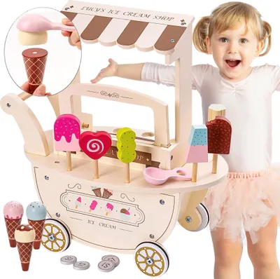 Produktbild von Hölzerne Eisdiele für Kinder - Wagen auf Rädern mit Zubehör