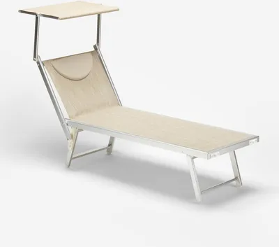 A beige and silver aluminum beach lounger with a sunshade, presented on a white background.