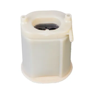 A white plastic filter with a metal mesh insert.