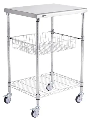 Immagine prodotto di Carrello da cucina in acciaio inox VEVOR, carrello di servizio a 3 livelli con capacità di 213,2 kg, carrello da laboratorio per lo sgombero, carrello di trasporto con cestino incassato e 6 ganci, per uso interno ed esterno