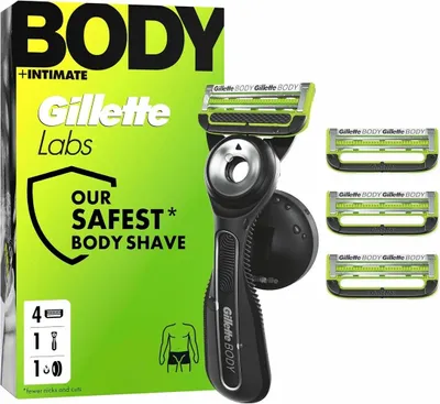 Zdjęcie produktu dla GilletteLabs – maszynka do golenia ciała i okolic intymnych dla mężczyzn, maszynka do golenia okolic intymnych z ochroną przed wrastaniem włosków i podrażnieniami — w zestawie: głowica do golenia ciała i okolic intymnych, uchwyt pod prysznic oraz 4 ostrza