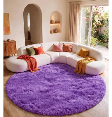 Image de Tapis rond violet pour salon, à poils longs, diamètre 150 cm