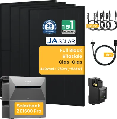 Produktbild von Balkonkraftwerk mit Speicher 3.2kWh, Solix Solarbank 2 E1600 Pro mit BP1600, JaSolar 1760W(+528W) Full Black Bifaziale Solarmodule und Smarten Zähler