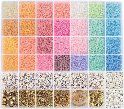 Produktbild von Perlen Set für Armbänder 3mm Glasperlen 28 Farben mit Buchstaben 200 Stück DIY Schmuckherstellung