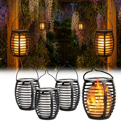 Produktbild von LUMILED 4x Set LED Solarlaterne Außen Solar Laternen Draußen Laterne flackernder Flamme Garten Solarleuchte Flammeneffekte IP44 schwarz Hängend Dekorative Gartenlampe Solarlampe Flammenlicht