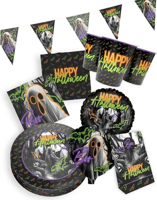 Produktbild von Halloween Partyset 6-teilig – Teller, Becher, Servietten, Wimpel, Tüten, Ballons