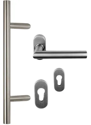 Produktbild von Edelstahl Haustür Griff- Beschlag- Set in verschiedenen Längen Art.Nr.:101.1020 Maß L:350/ Maß B:210mm