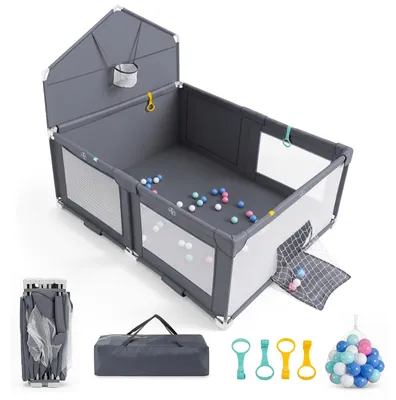 Productafbeelding van COSTWAY babylooprek, 223x150 cm, geschikt voor kinderen van 0-3 jaar, met basketbalring, voetbalnetten, 50 speelballen, net en draagtas, donkergrijs