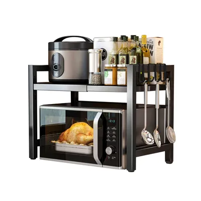 Produktbild von Küchenregale, Ausziehbarer Mikrowellenständer mit 6 Haken, 40-64cm ausziehbarer Mikrowellen Regal, Gewürzregal, Mikrowellenhalterung, bis 30kg